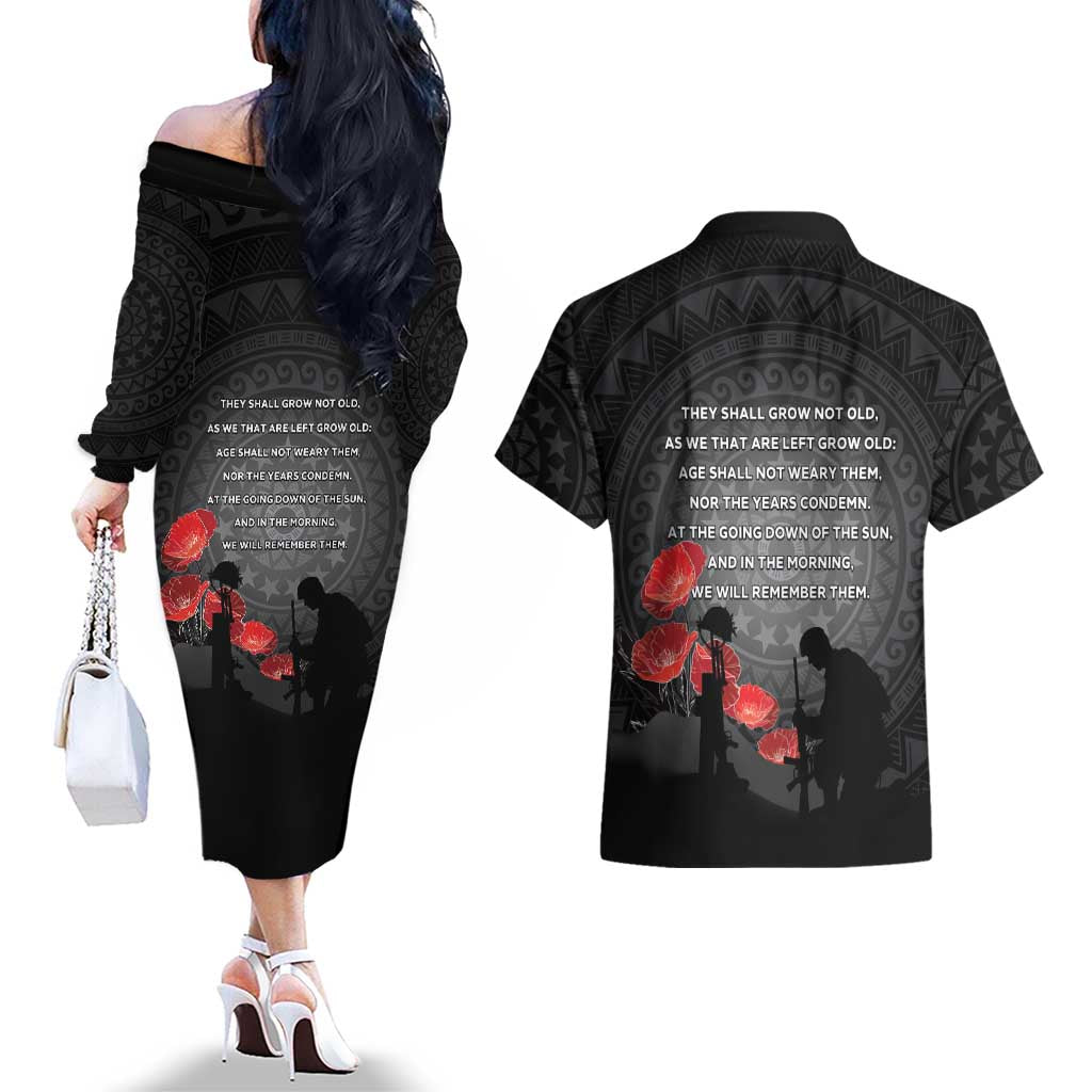 Cook Islands ANZAC Day Couples Matching Off The Shoulder Long Sleeve Dress and Hawaiian Shirt Soldier Silhouette Remembrance LT05 - Polynesian Pride