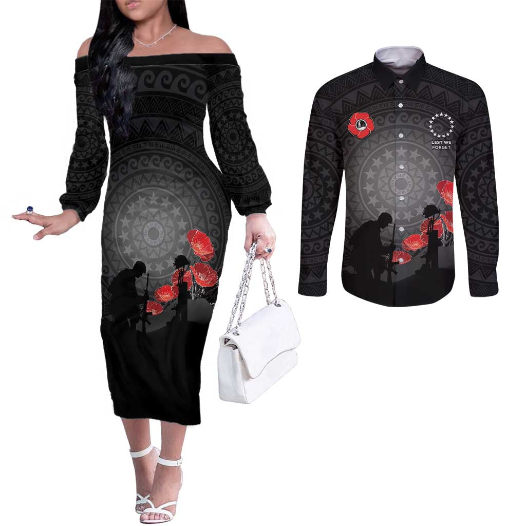 Cook Islands ANZAC Day Couples Matching Off The Shoulder Long Sleeve Dress and Long Sleeve Button Shirt Soldier Silhouette Remembrance LT05 Black - Polynesian Pride