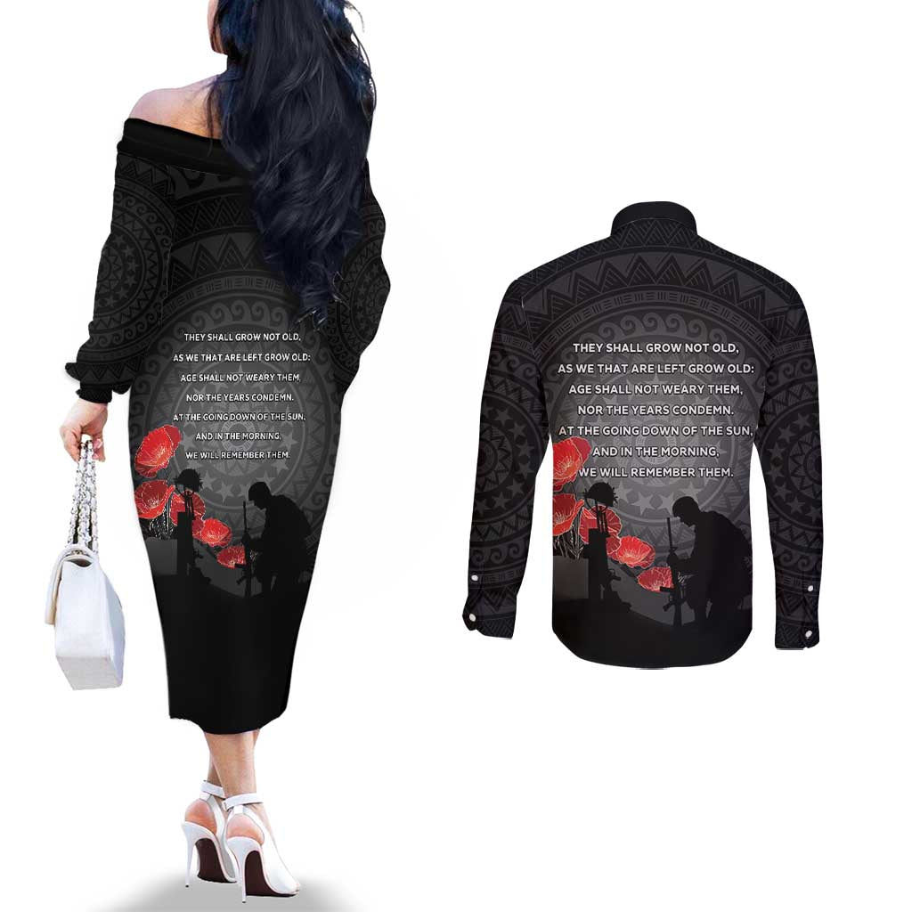 Cook Islands ANZAC Day Couples Matching Off The Shoulder Long Sleeve Dress and Long Sleeve Button Shirt Soldier Silhouette Remembrance LT05 - Polynesian Pride