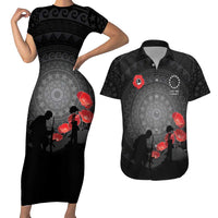 Cook Islands ANZAC Day Couples Matching Short Sleeve Bodycon Dress and Hawaiian Shirt Soldier Silhouette Remembrance LT05 Black - Polynesian Pride