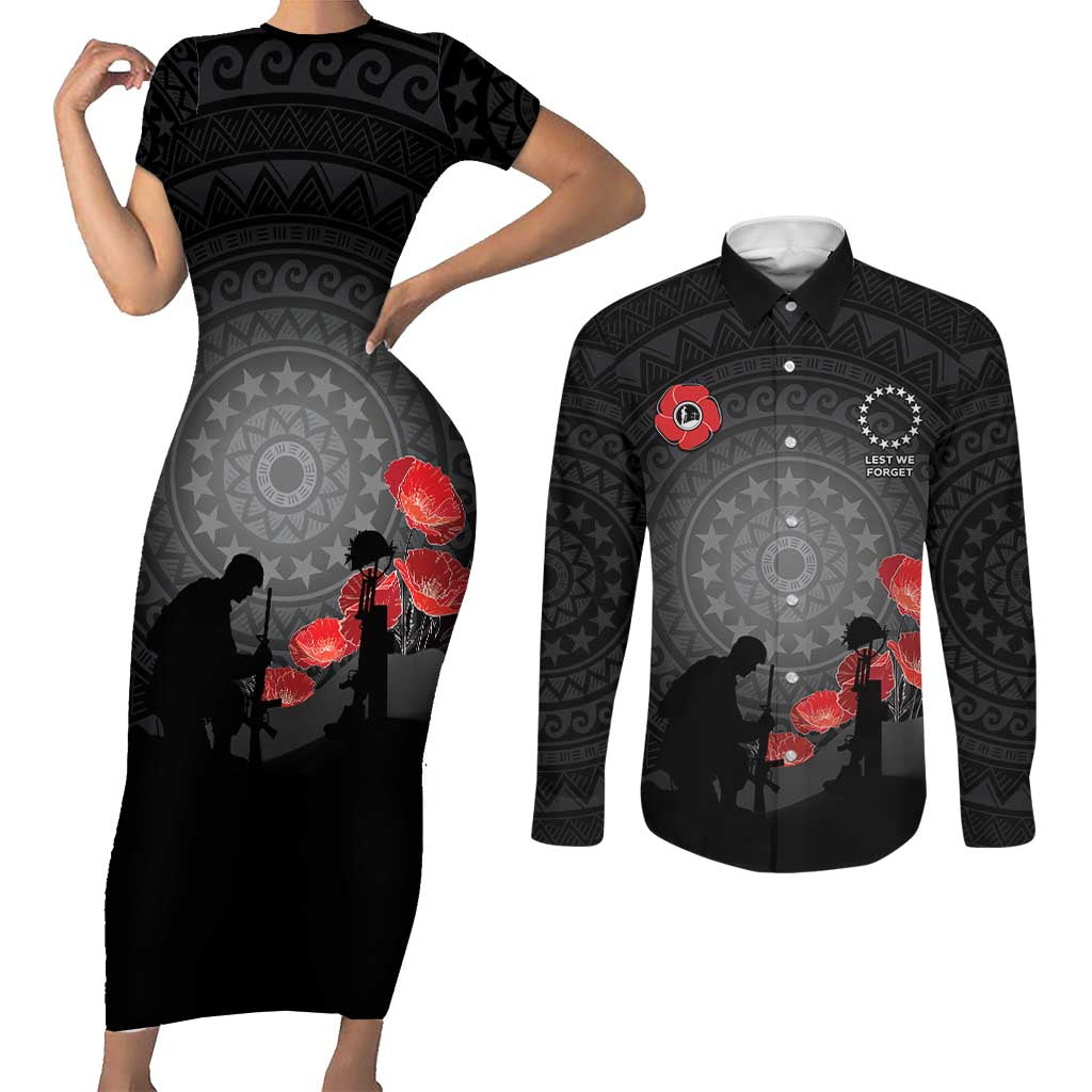 Cook Islands ANZAC Day Couples Matching Short Sleeve Bodycon Dress and Long Sleeve Button Shirt Soldier Silhouette Remembrance LT05 Black - Polynesian Pride