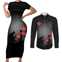 Cook Islands ANZAC Day Couples Matching Short Sleeve Bodycon Dress and Long Sleeve Button Shirt Soldier Silhouette Remembrance LT05 Black - Polynesian Pride