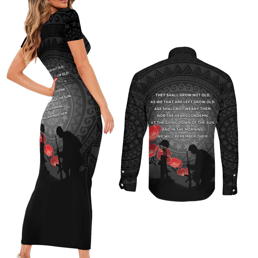 Cook Islands ANZAC Day Couples Matching Short Sleeve Bodycon Dress and Long Sleeve Button Shirt Soldier Silhouette Remembrance LT05 - Polynesian Pride