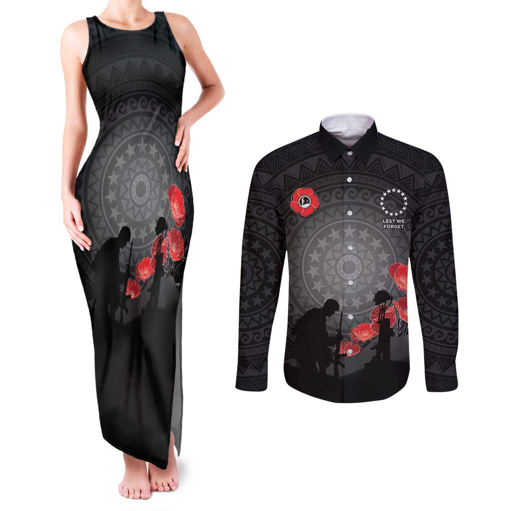 Cook Islands ANZAC Day Couples Matching Tank Maxi Dress and Long Sleeve Button Shirt Soldier Silhouette Remembrance