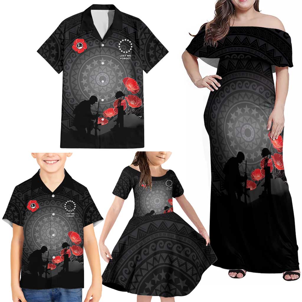 Cook Islands ANZAC Day Family Matching Off Shoulder Maxi Dress and Hawaiian Shirt Soldier Silhouette Remembrance LT05 - Polynesian Pride