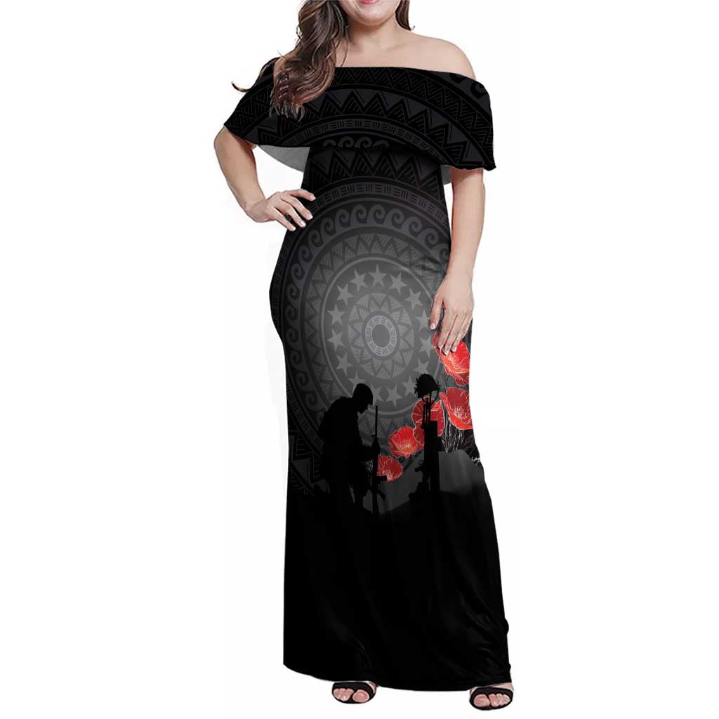 Cook Islands ANZAC Day Family Matching Off Shoulder Maxi Dress and Hawaiian Shirt Soldier Silhouette Remembrance LT05 Mom's Dress Black - Polynesian Pride
