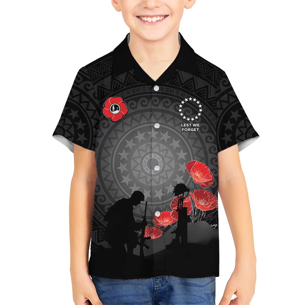 Cook Islands ANZAC Day Family Matching Off Shoulder Maxi Dress and Hawaiian Shirt Soldier Silhouette Remembrance LT05 Son's Shirt Black - Polynesian Pride