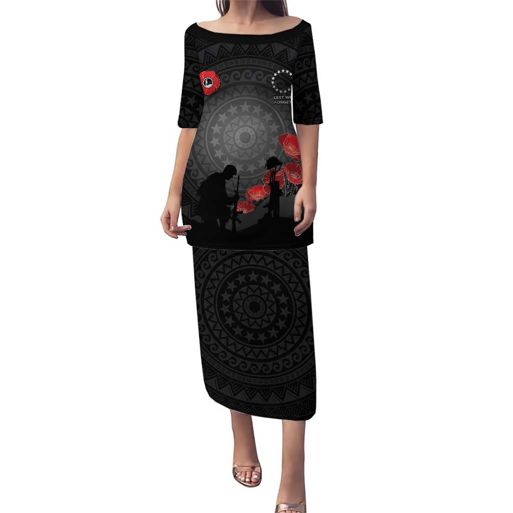 Cook Islands ANZAC Day Family Matching Puletasi and Hawaiian Shirt Soldier Silhouette Remembrance LT05 Mom's Dress Black - Polynesian Pride