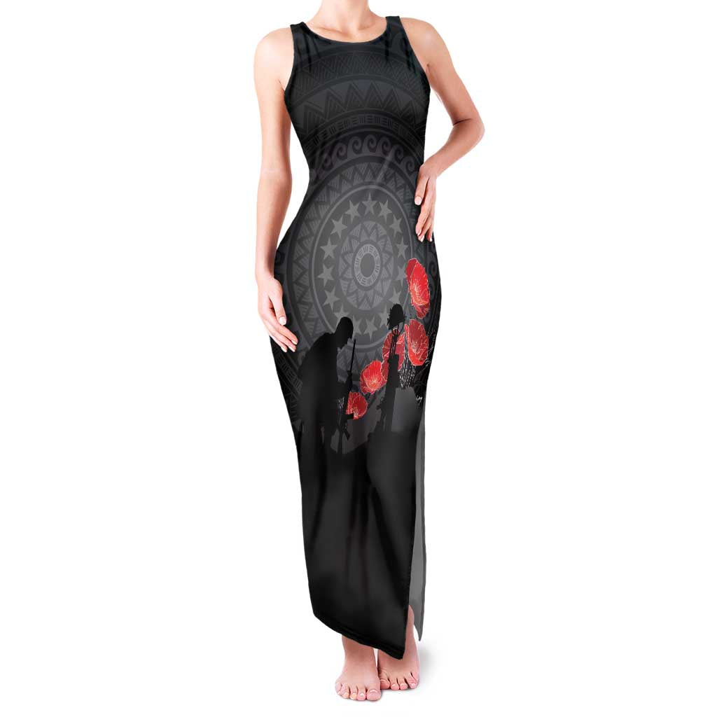 Cook Islands ANZAC Day Family Matching Tank Maxi Dress and Hawaiian Shirt Soldier Silhouette Remembrance LT05 Mom's Dress Black - Polynesian Pride