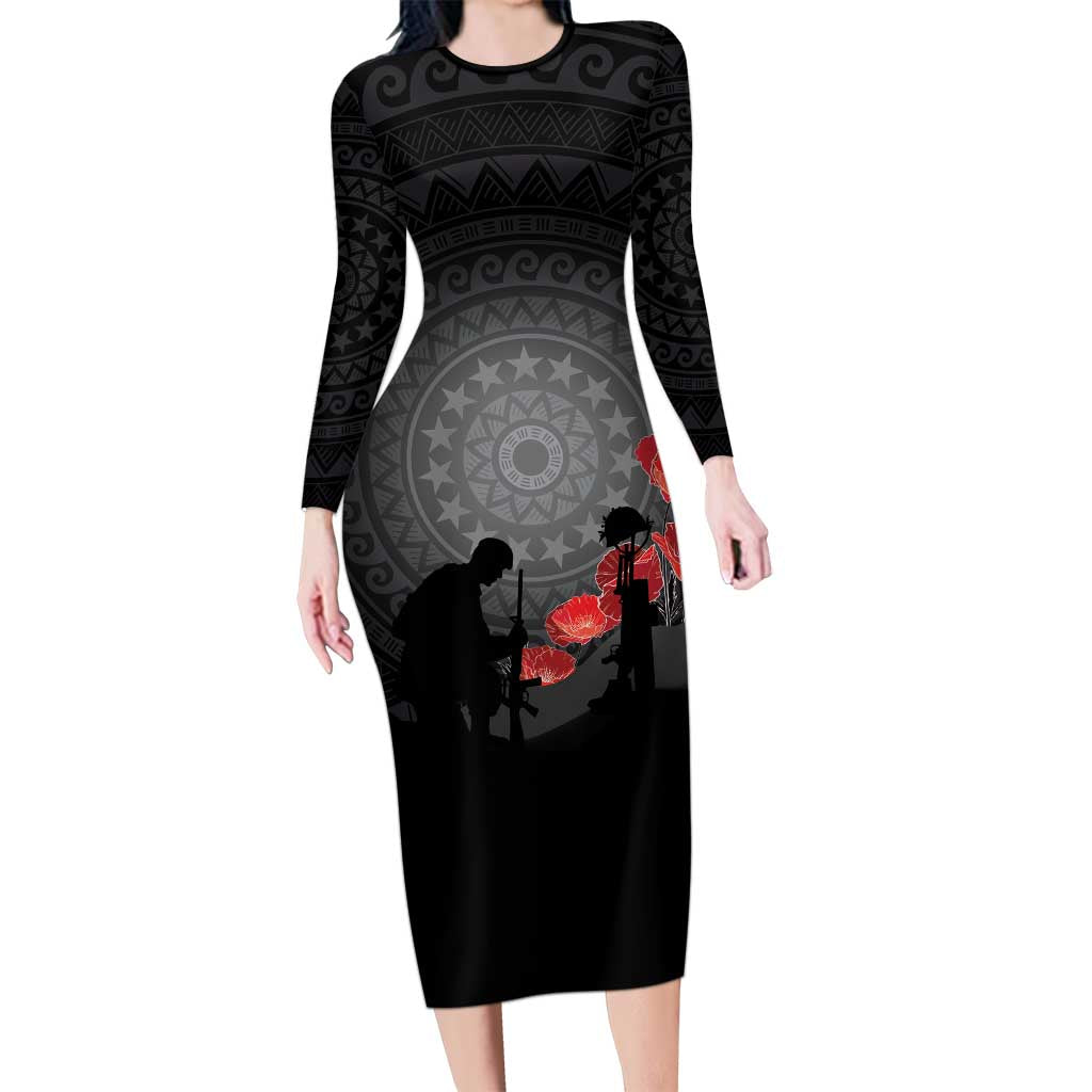 Cook Islands ANZAC Day Long Sleeve Bodycon Dress Soldier Silhouette Remembrance LT05 Long Dress Black - Polynesian Pride