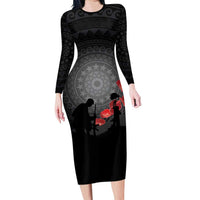 Cook Islands ANZAC Day Long Sleeve Bodycon Dress Soldier Silhouette Remembrance LT05 Long Dress Black - Polynesian Pride