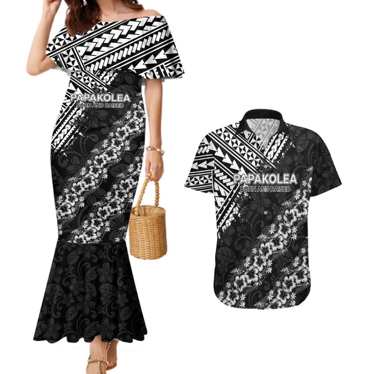 Hawaii Papakolea Born And Raised Couples Matching Mermaid Dress and Hawaiian Shirt Hawaiian Tribal Pattern LT05 Black - Polynesian Pride