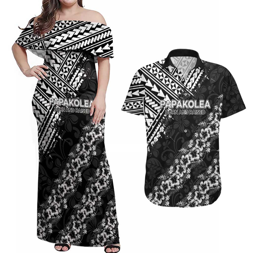 Hawaii Papakolea Born And Raised Couples Matching Off Shoulder Maxi Dress and Hawaiian Shirt Hawaiian Tribal Pattern LT05 Black - Polynesian Pride