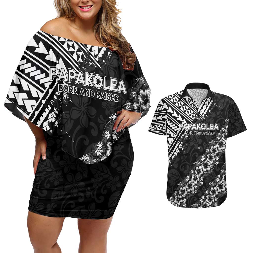 Hawaii Papakolea Born And Raised Couples Matching Off Shoulder Short Dress and Hawaiian Shirt Hawaiian Tribal Pattern LT05 Black - Polynesian Pride