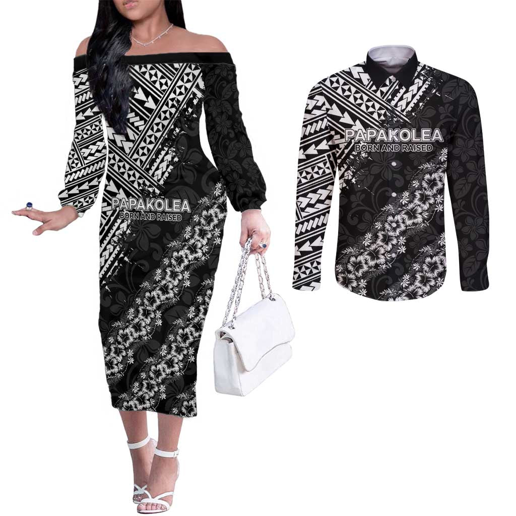 Hawaii Papakolea Born And Raised Couples Matching Off The Shoulder Long Sleeve Dress and Long Sleeve Button Shirt Hawaiian Tribal Pattern LT05 Black - Polynesian Pride
