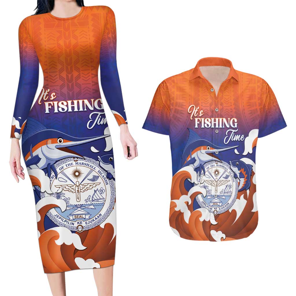 Marshall Islands Fishermen's Day Couples Matching Long Sleeve Bodycon Dress and Hawaiian Shirt It's Fishing Time LT05 Orange - Polynesian Pride