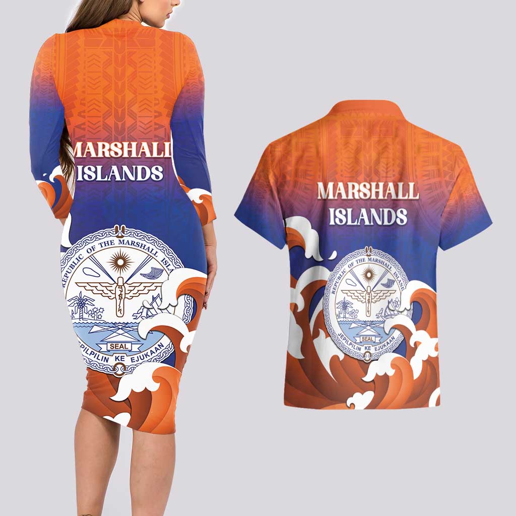 Marshall Islands Fishermen's Day Couples Matching Long Sleeve Bodycon Dress and Hawaiian Shirt It's Fishing Time LT05 - Polynesian Pride