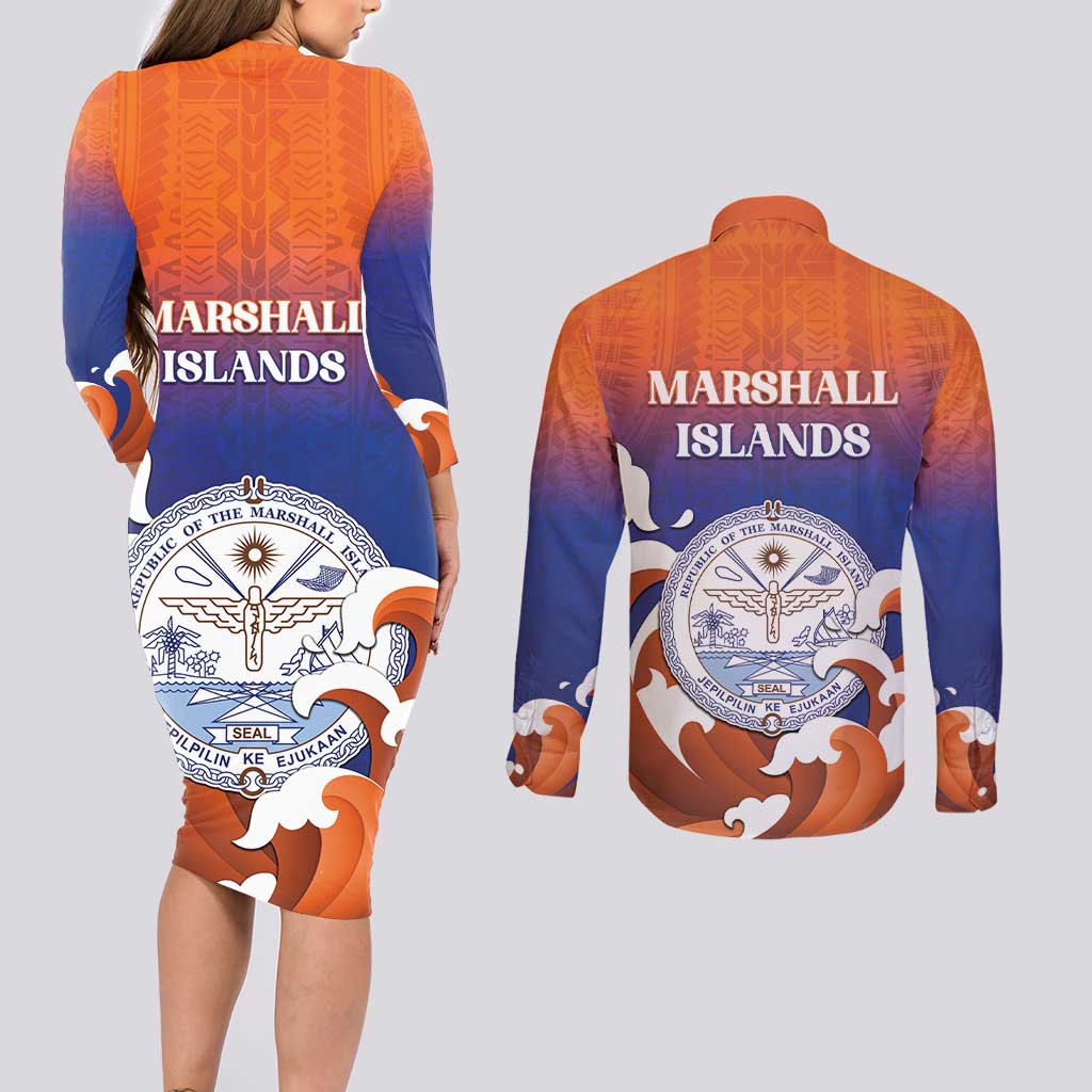 Marshall Islands Fishermen's Day Couples Matching Long Sleeve Bodycon Dress and Long Sleeve Button Shirt It's Fishing Time LT05 - Polynesian Pride