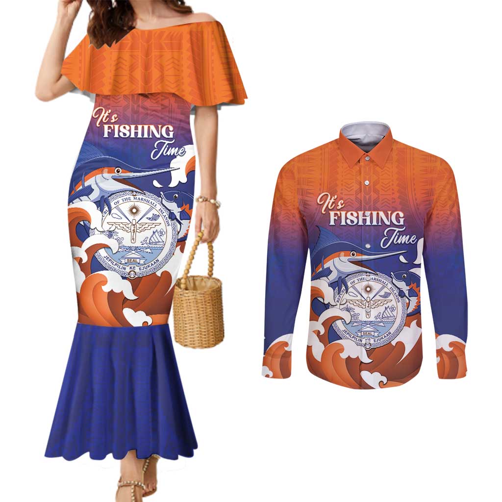 Marshall Islands Fishermen's Day Couples Matching Mermaid Dress and Long Sleeve Button Shirt It's Fishing Time LT05 Orange - Polynesian Pride