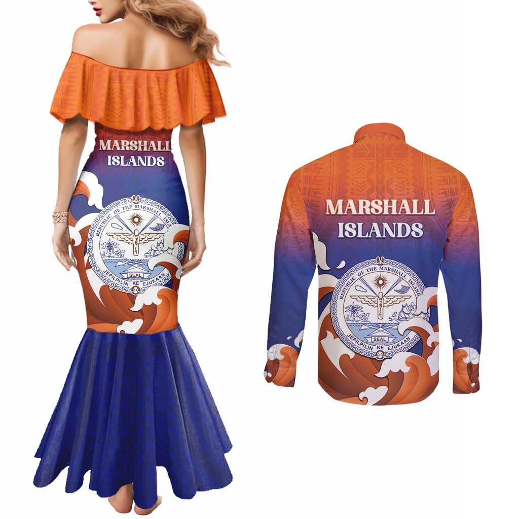 Marshall Islands Fishermen's Day Couples Matching Mermaid Dress and Long Sleeve Button Shirt It's Fishing Time LT05 - Polynesian Pride