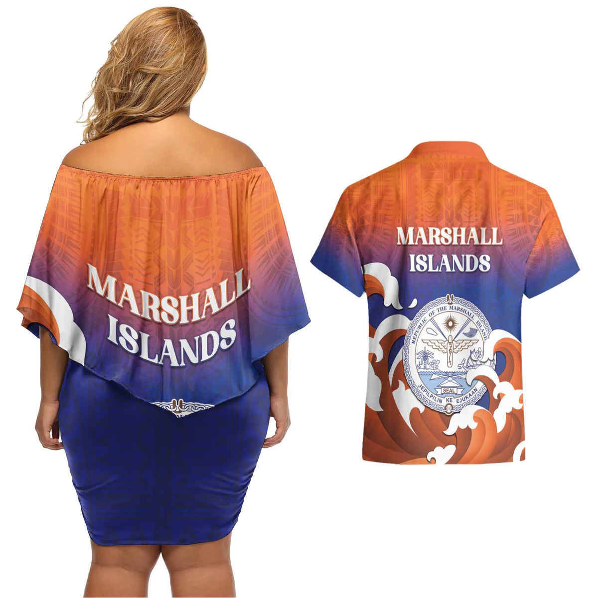 Marshall Islands Fishermen's Day Couples Matching Off Shoulder Short Dress and Hawaiian Shirt It's Fishing Time LT05 - Polynesian Pride