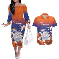 Marshall Islands Fishermen's Day Couples Matching Off The Shoulder Long Sleeve Dress and Hawaiian Shirt It's Fishing Time LT05 Orange - Polynesian Pride