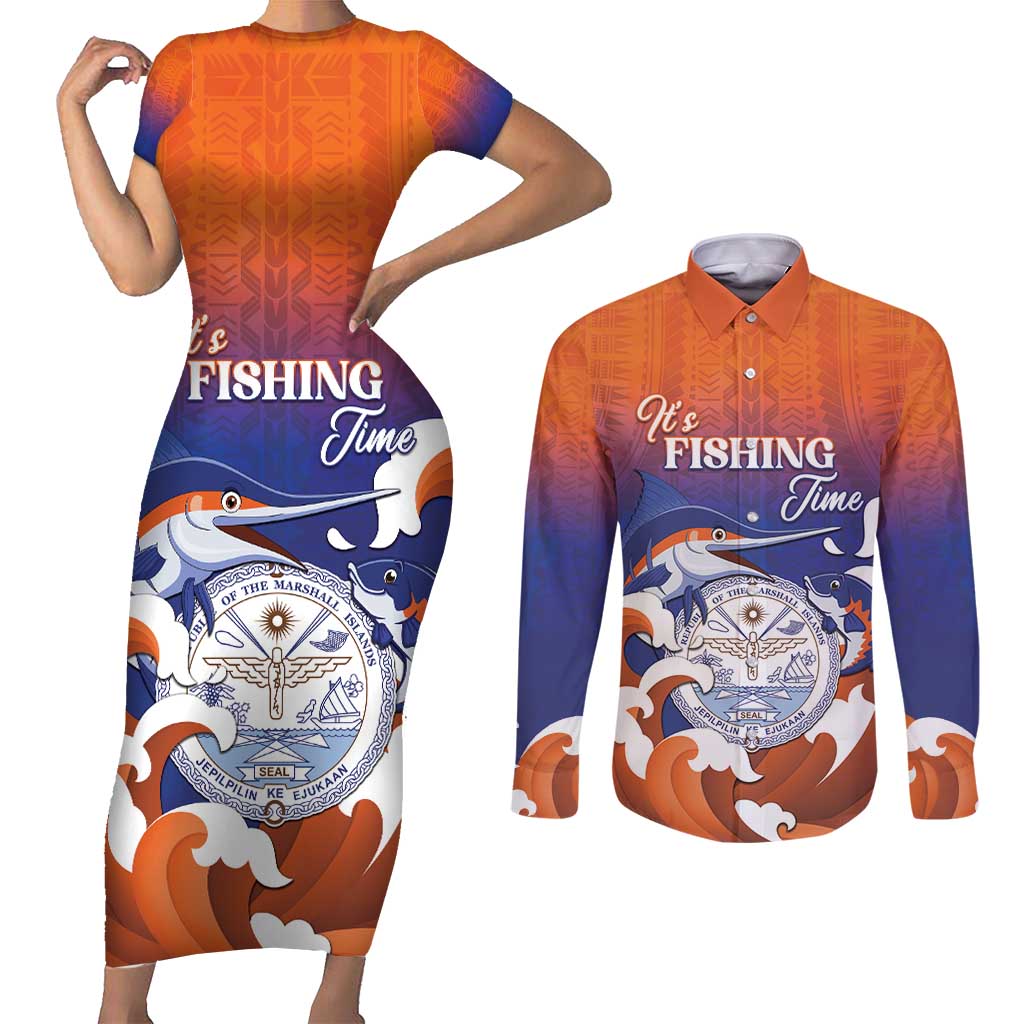 Marshall Islands Fishermen's Day Couples Matching Short Sleeve Bodycon Dress and Long Sleeve Button Shirt It's Fishing Time LT05 Orange - Polynesian Pride