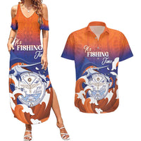 Marshall Islands Fishermen's Day Couples Matching Summer Maxi Dress and Hawaiian Shirt It's Fishing Time LT05 Orange - Polynesian Pride