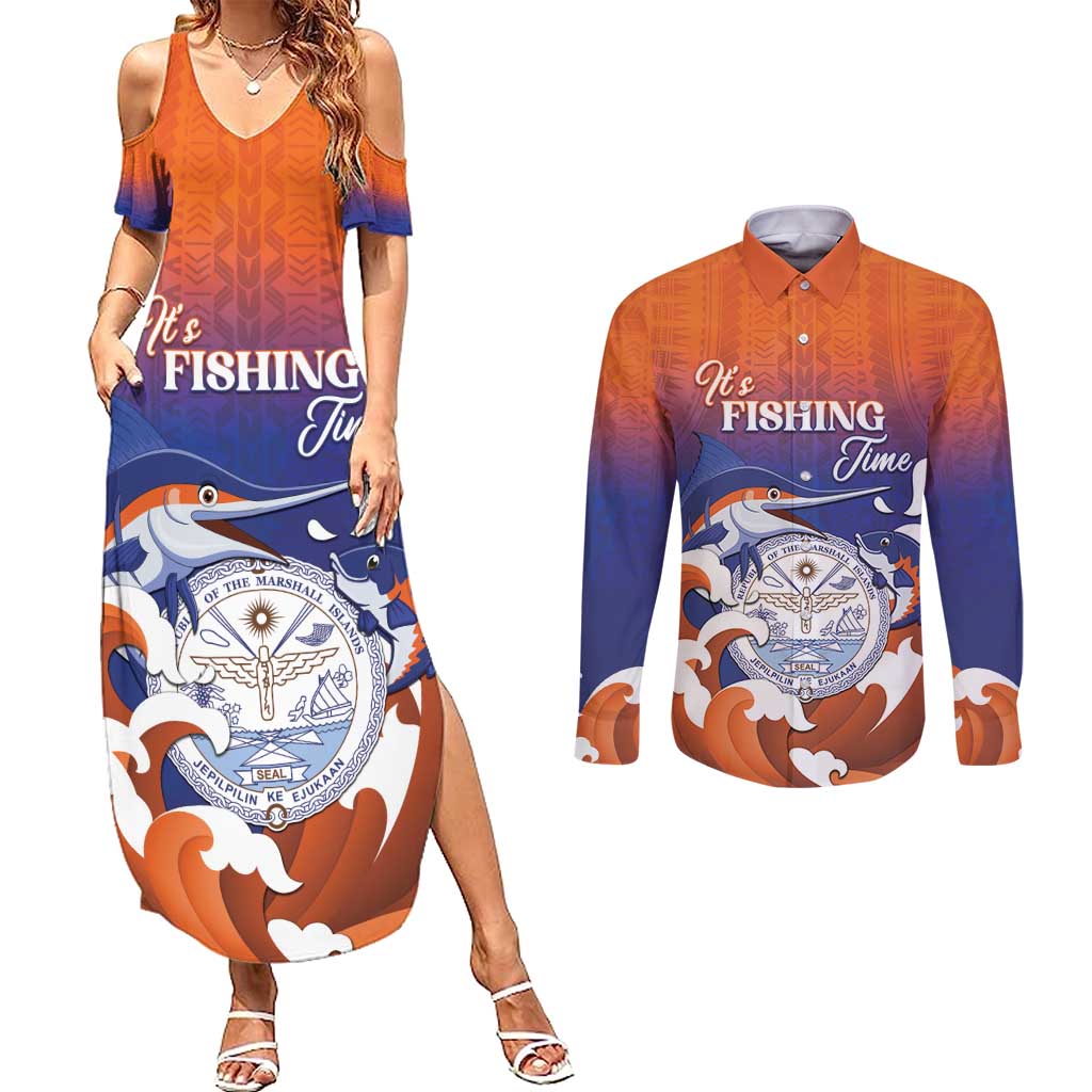 Marshall Islands Fishermen's Day Couples Matching Summer Maxi Dress and Long Sleeve Button Shirt It's Fishing Time LT05 Orange - Polynesian Pride