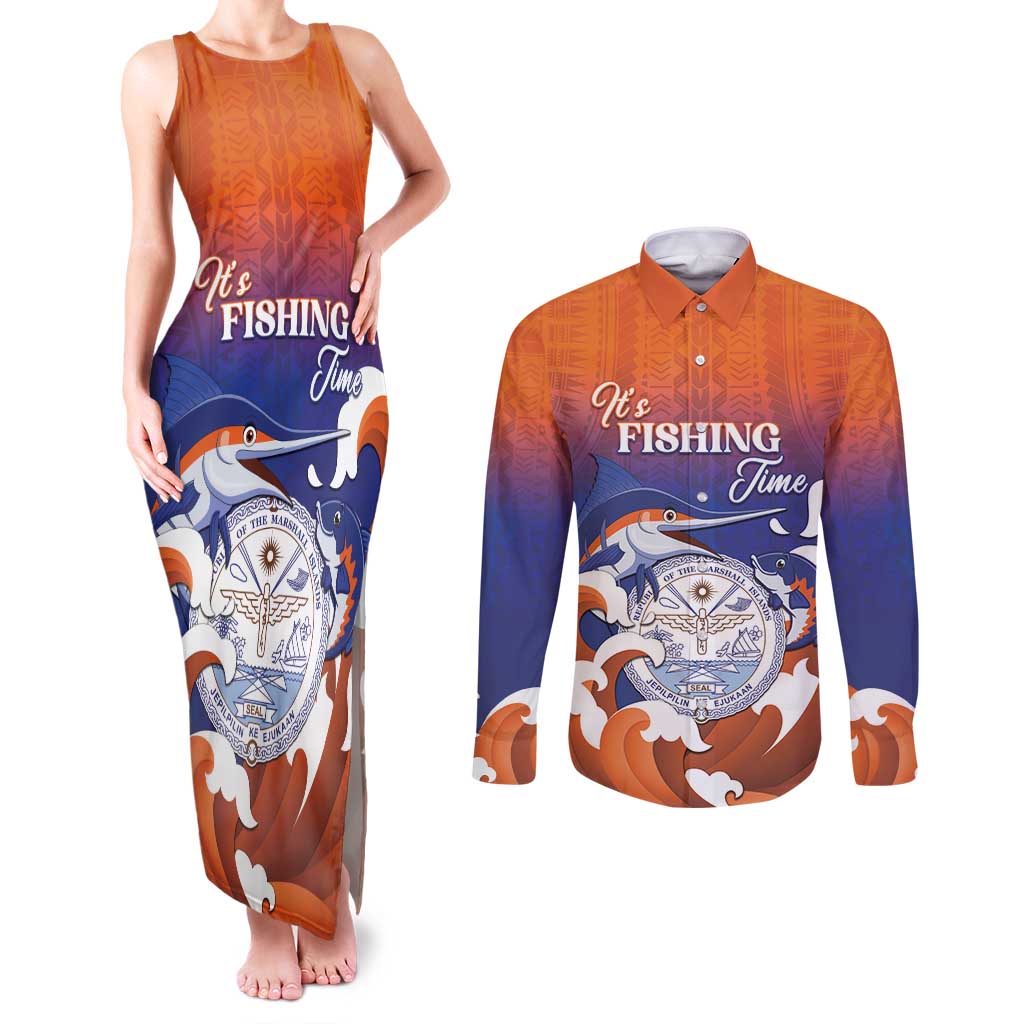 Marshall Islands Fishermen's Day Couples Matching Tank Maxi Dress and Long Sleeve Button Shirt It's Fishing Time LT05 Orange - Polynesian Pride
