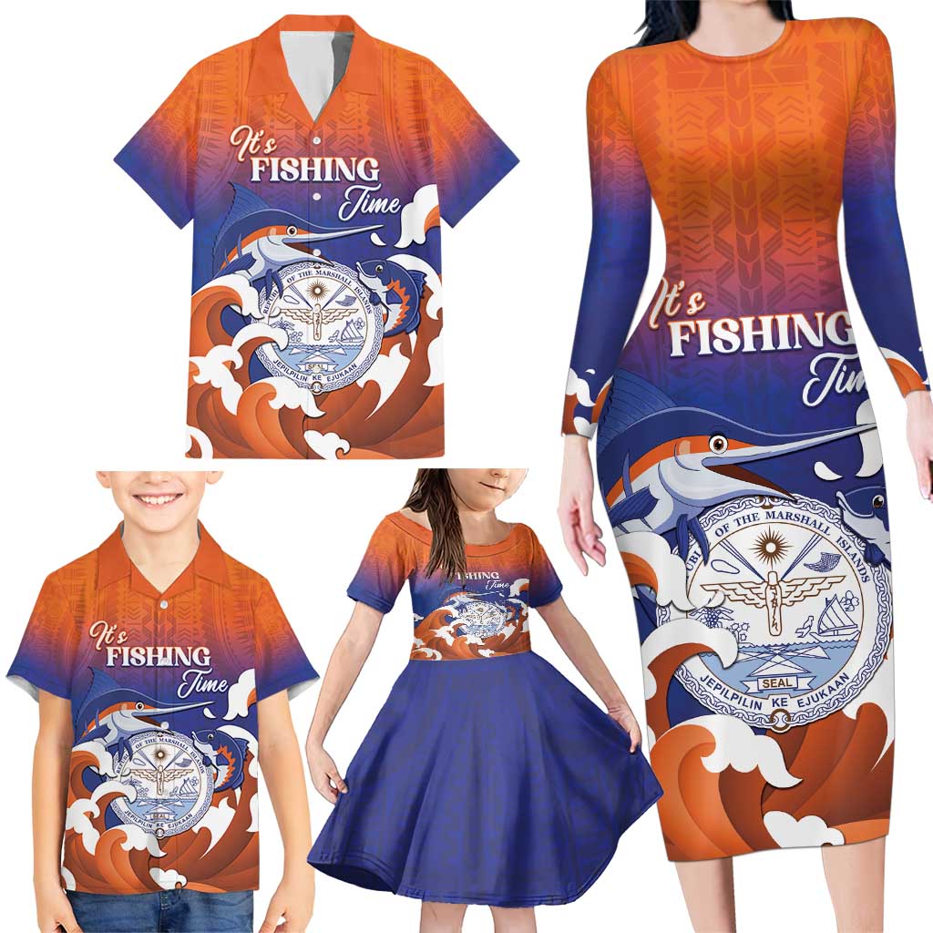 Marshall Islands Fishermen's Day Family Matching Long Sleeve Bodycon Dress and Hawaiian Shirt It's Fishing Time LT05 - Polynesian Pride