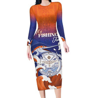 Marshall Islands Fishermen's Day Family Matching Long Sleeve Bodycon Dress and Hawaiian Shirt It's Fishing Time LT05 Mom's Dress Orange - Polynesian Pride