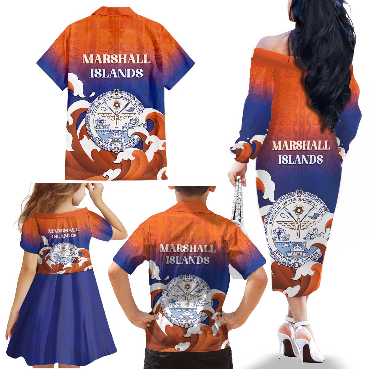 Marshall Islands Fishermen's Day Family Matching Off The Shoulder Long Sleeve Dress and Hawaiian Shirt It's Fishing Time LT05 - Polynesian Pride