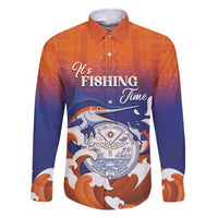 Marshall Islands Fishermen's Day Family Matching Off Shoulder Maxi Dress and Hawaiian Shirt It's Fishing Time LT05 Dad's Shirt - Long Sleeve Orange - Polynesian Pride