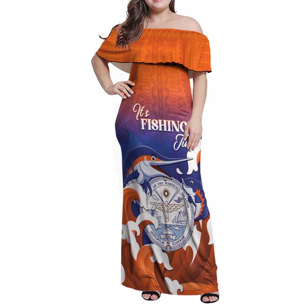 Marshall Islands Fishermen's Day Family Matching Off Shoulder Maxi Dress and Hawaiian Shirt It's Fishing Time LT05 Mom's Dress Orange - Polynesian Pride