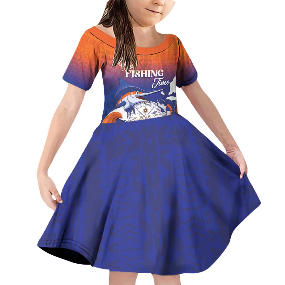 Marshall Islands Fishermen's Day Family Matching Off Shoulder Short Dress and Hawaiian Shirt It's Fishing Time LT05 Daughter's Dress Orange - Polynesian Pride