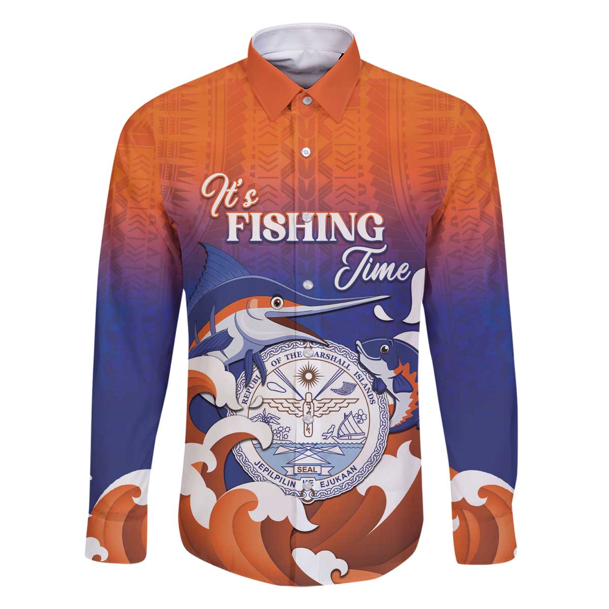 Marshall Islands Fishermen's Day Family Matching Off Shoulder Short Dress and Hawaiian Shirt It's Fishing Time LT05 Dad's Shirt - Long Sleeve Orange - Polynesian Pride