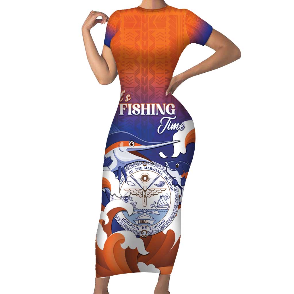 Marshall Islands Fishermen's Day Family Matching Short Sleeve Bodycon Dress and Hawaiian Shirt It's Fishing Time LT05 Mom's Dress Orange - Polynesian Pride