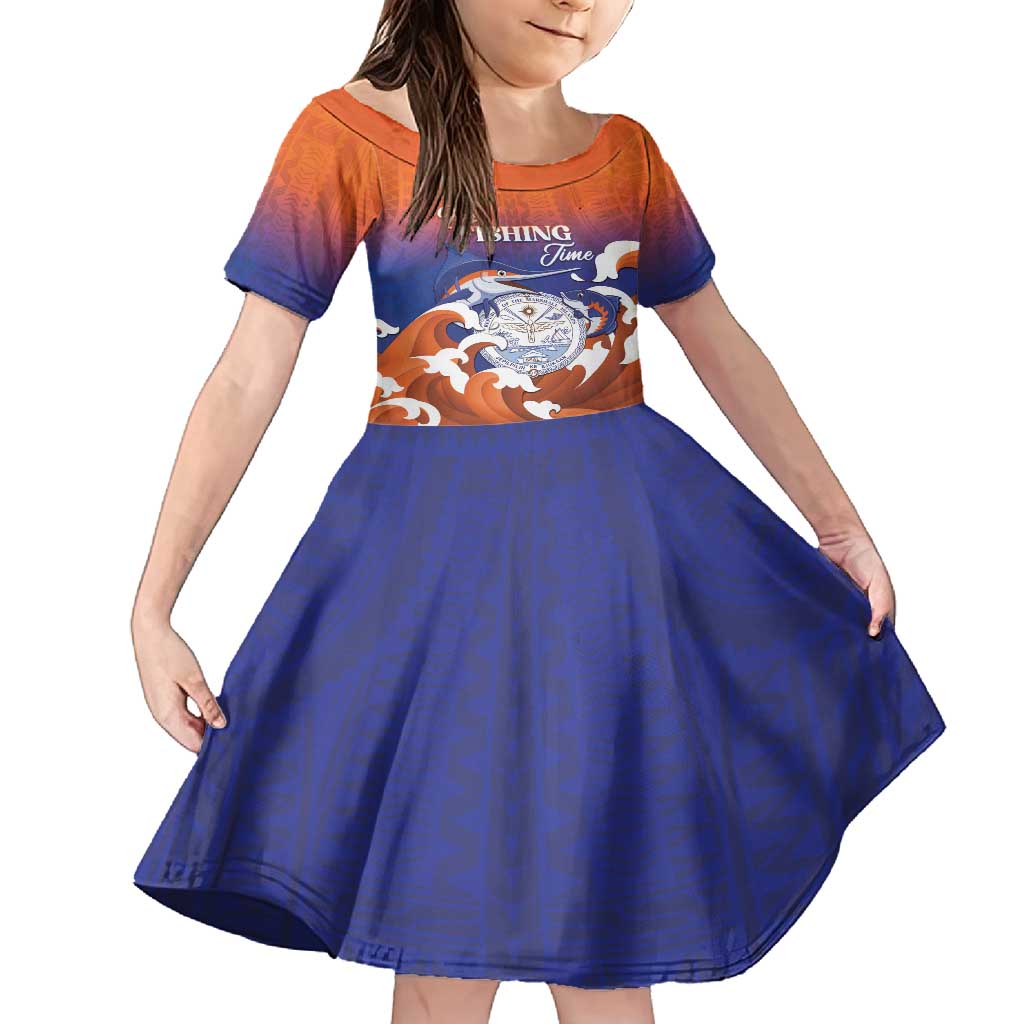 Marshall Islands Fishermen's Day Family Matching Tank Maxi Dress and Hawaiian Shirt It's Fishing Time LT05 Daughter's Dress Orange - Polynesian Pride