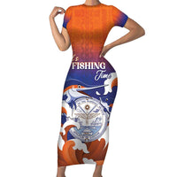 Marshall Islands Fishermen's Day Short Sleeve Bodycon Dress It's Fishing Time LT05 Long Dress Orange - Polynesian Pride