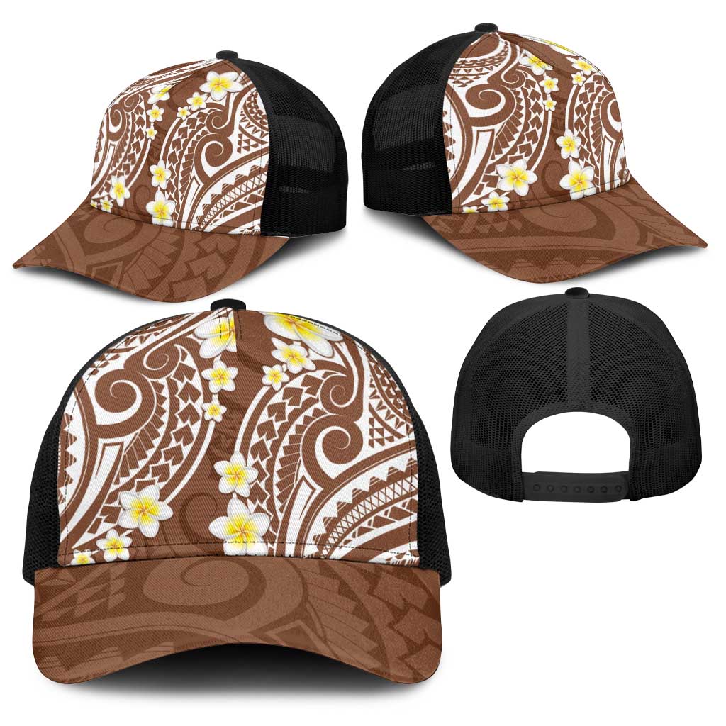 Plumeria With Brown Polynesian Tattoo Pattern Baseball Net Cap - Polynesian Pride