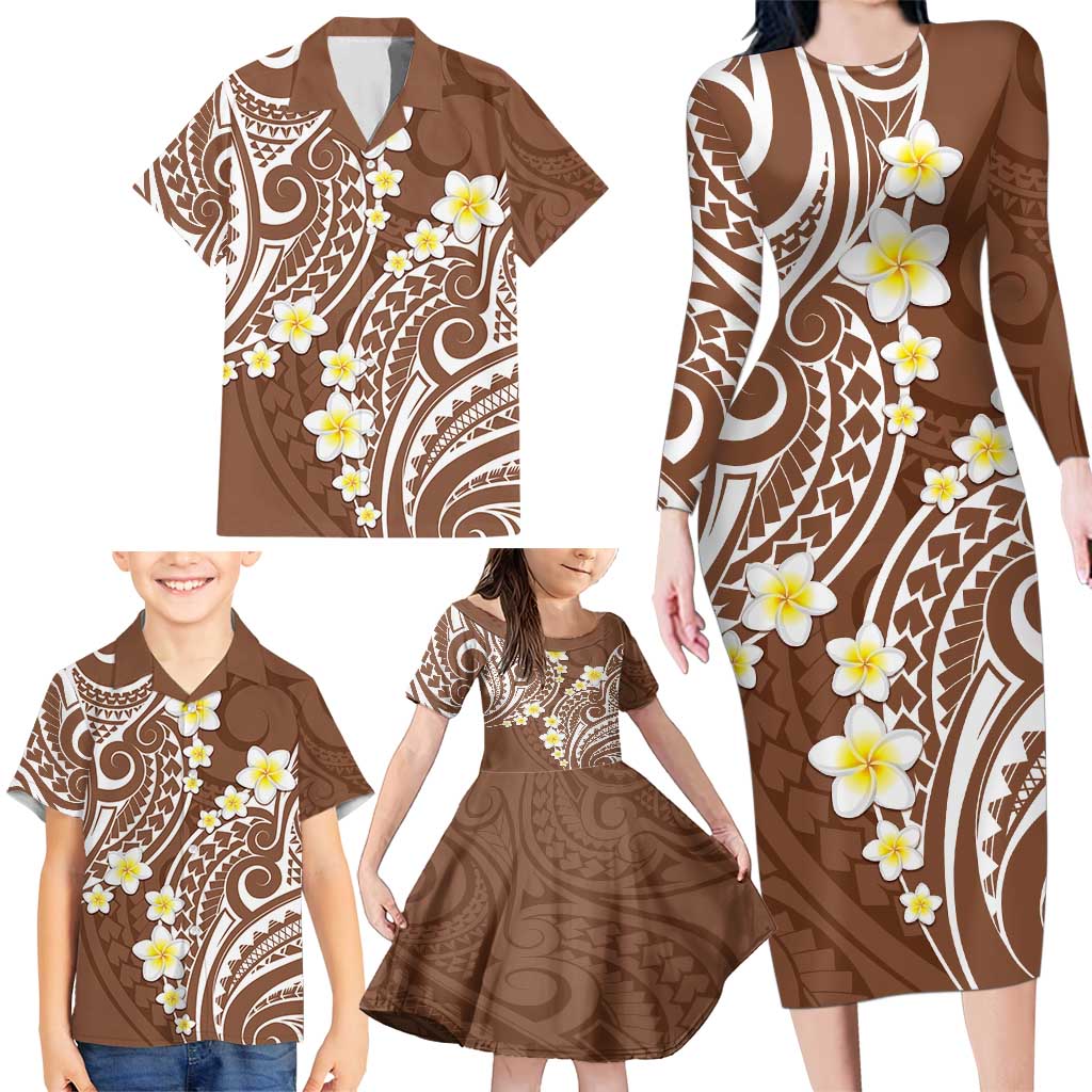 Plumeria With Brown Polynesian Tattoo Pattern Family Matching Long Sleeve Bodycon Dress and Hawaiian Shirt LT05 - Polynesian Pride