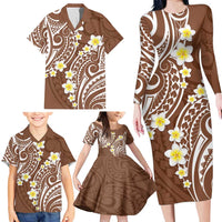 Plumeria With Brown Polynesian Tattoo Pattern Family Matching Long Sleeve Bodycon Dress and Hawaiian Shirt LT05 - Polynesian Pride