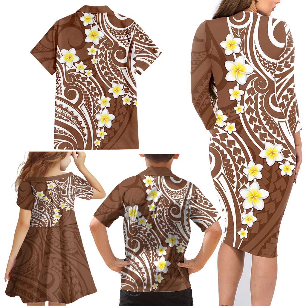 Plumeria With Brown Polynesian Tattoo Pattern Family Matching Long Sleeve Bodycon Dress and Hawaiian Shirt LT05 - Polynesian Pride