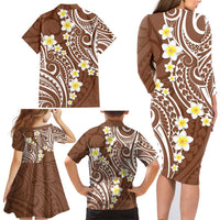Plumeria With Brown Polynesian Tattoo Pattern Family Matching Long Sleeve Bodycon Dress and Hawaiian Shirt LT05 - Polynesian Pride