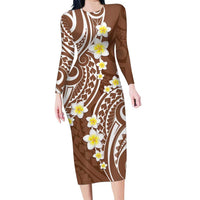 Plumeria With Brown Polynesian Tattoo Pattern Family Matching Long Sleeve Bodycon Dress and Hawaiian Shirt LT05 Mom's Dress Brown - Polynesian Pride