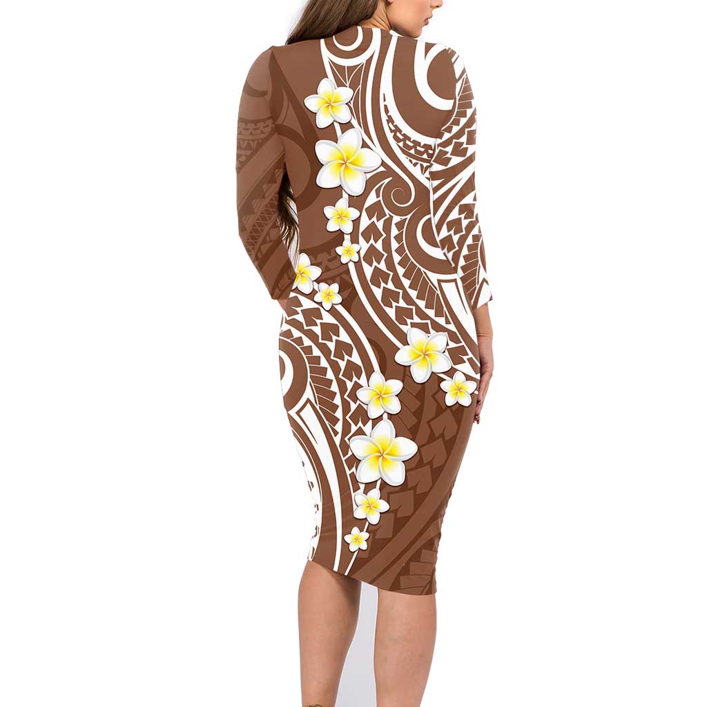 Plumeria With Brown Polynesian Tattoo Pattern Family Matching Long Sleeve Bodycon Dress and Hawaiian Shirt LT05 - Polynesian Pride