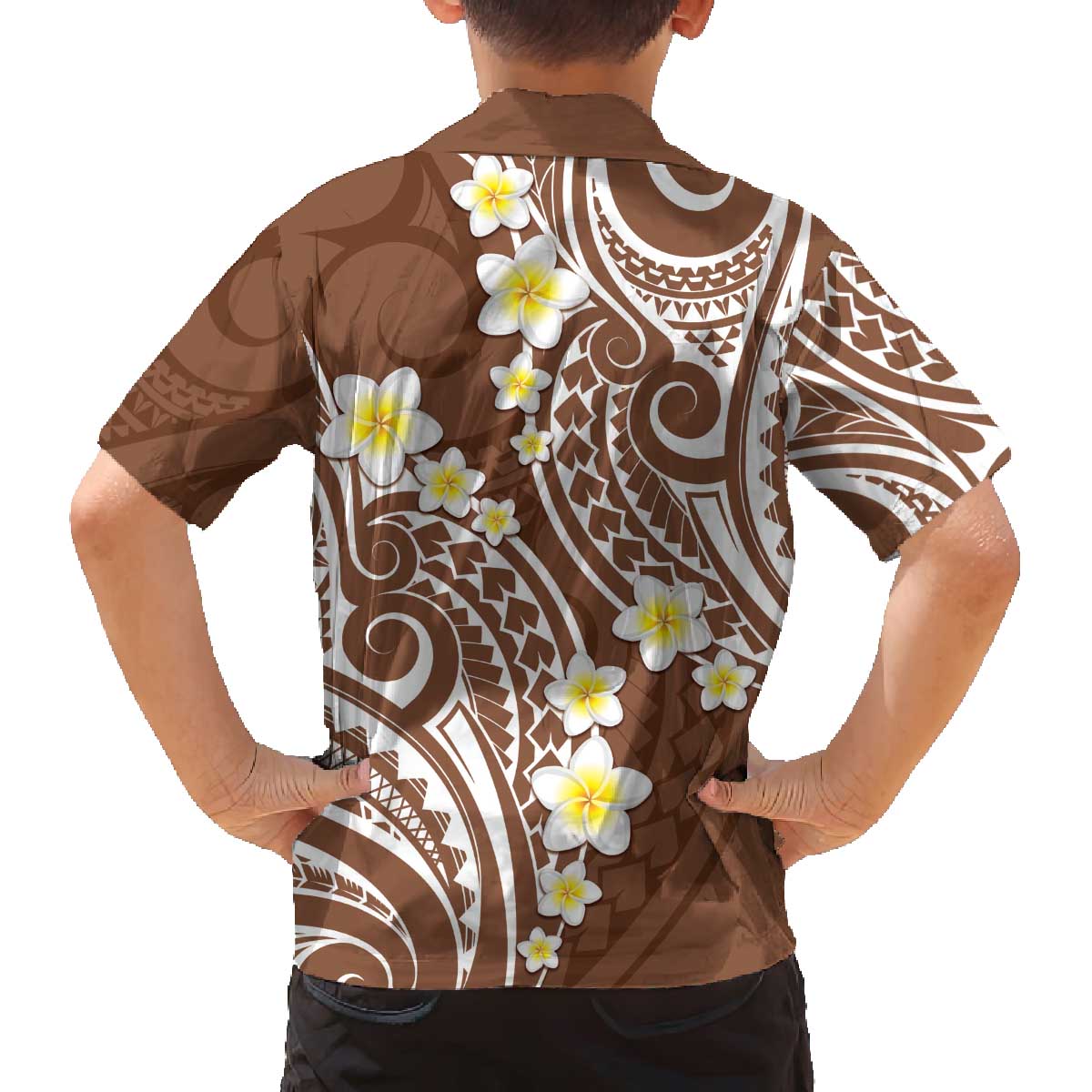 Plumeria With Brown Polynesian Tattoo Pattern Family Matching Off The Shoulder Long Sleeve Dress and Hawaiian Shirt LT05 - Polynesian Pride