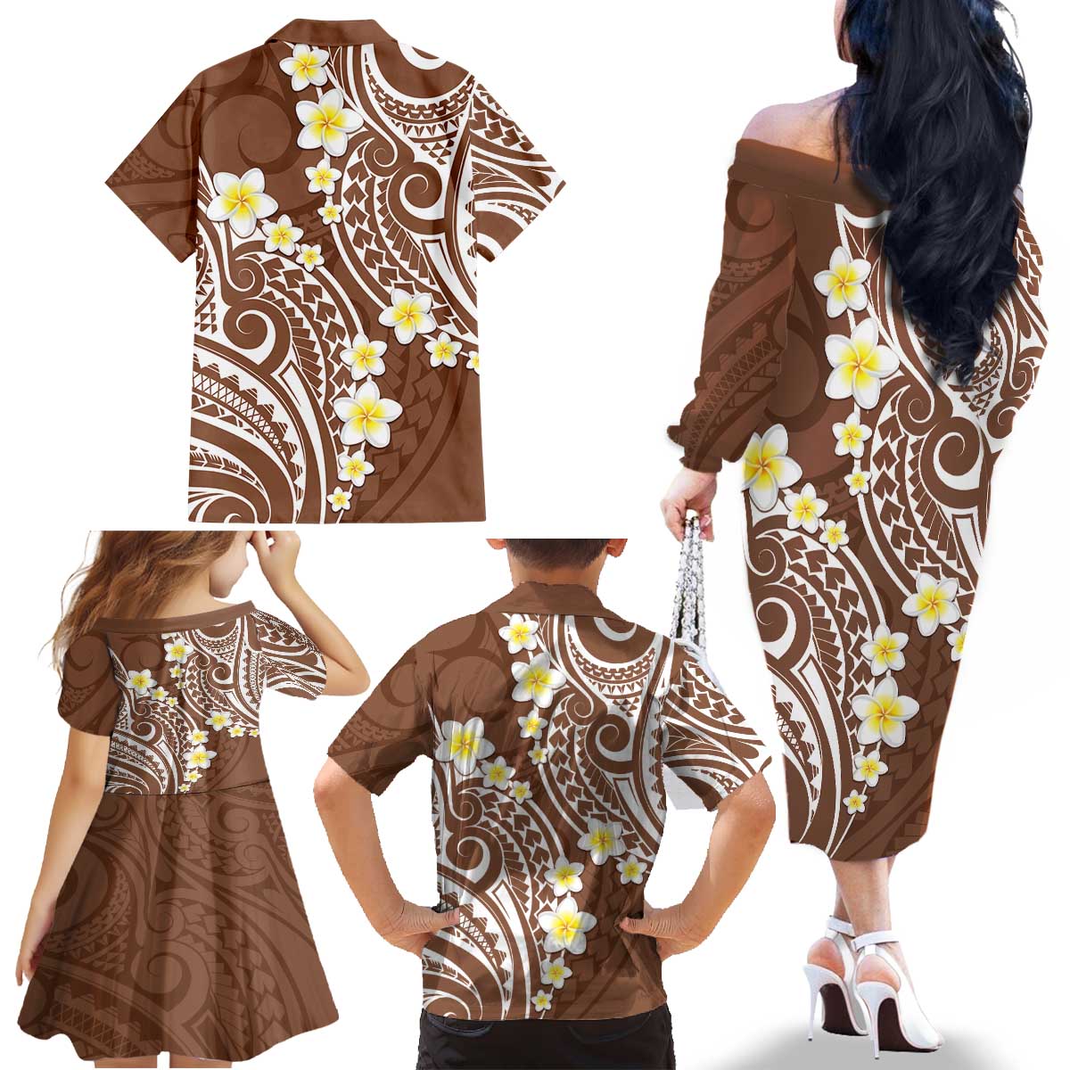 Plumeria With Brown Polynesian Tattoo Pattern Family Matching Off The Shoulder Long Sleeve Dress and Hawaiian Shirt LT05 - Polynesian Pride