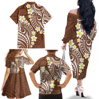 Plumeria With Brown Polynesian Tattoo Pattern Family Matching Off The Shoulder Long Sleeve Dress and Hawaiian Shirt LT05 - Polynesian Pride
